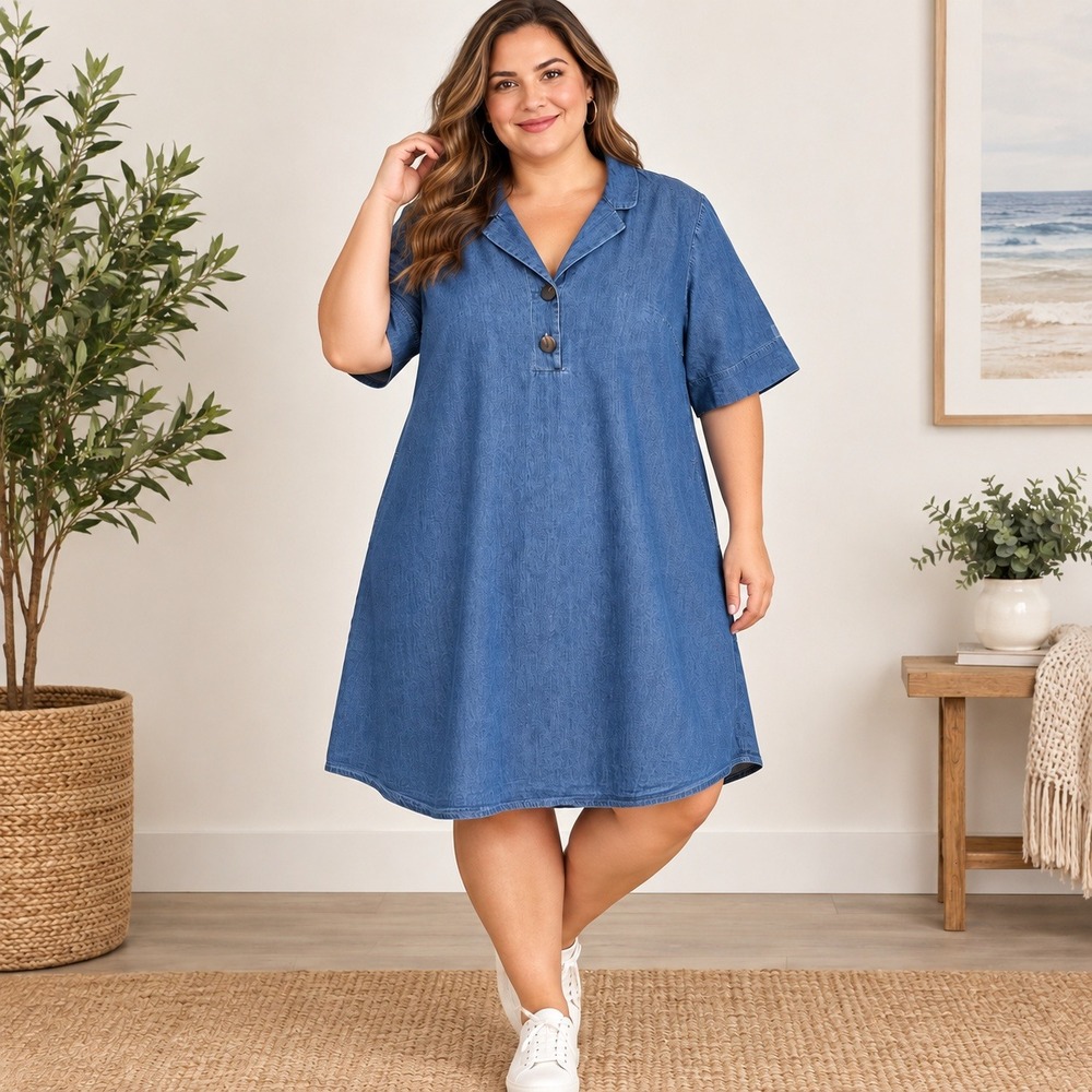 Millenium Womens 2X Blue Denim Cotton Short Sleeve Shift Dress Notched Lapel
